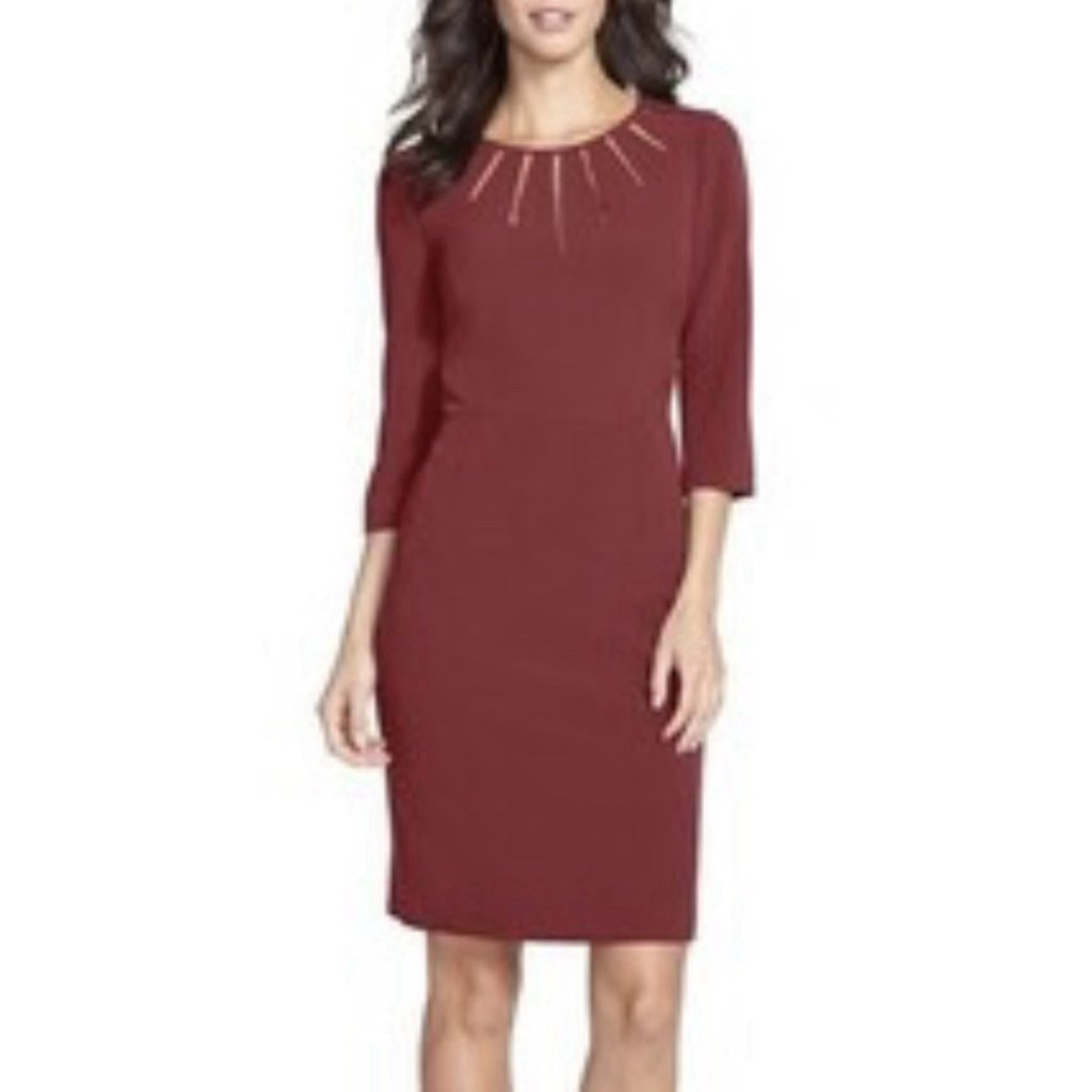 Adrianna Papell Dress 6 Burgundy Plum 3/4 Long Sleeve Mesh Insert Crepe Career